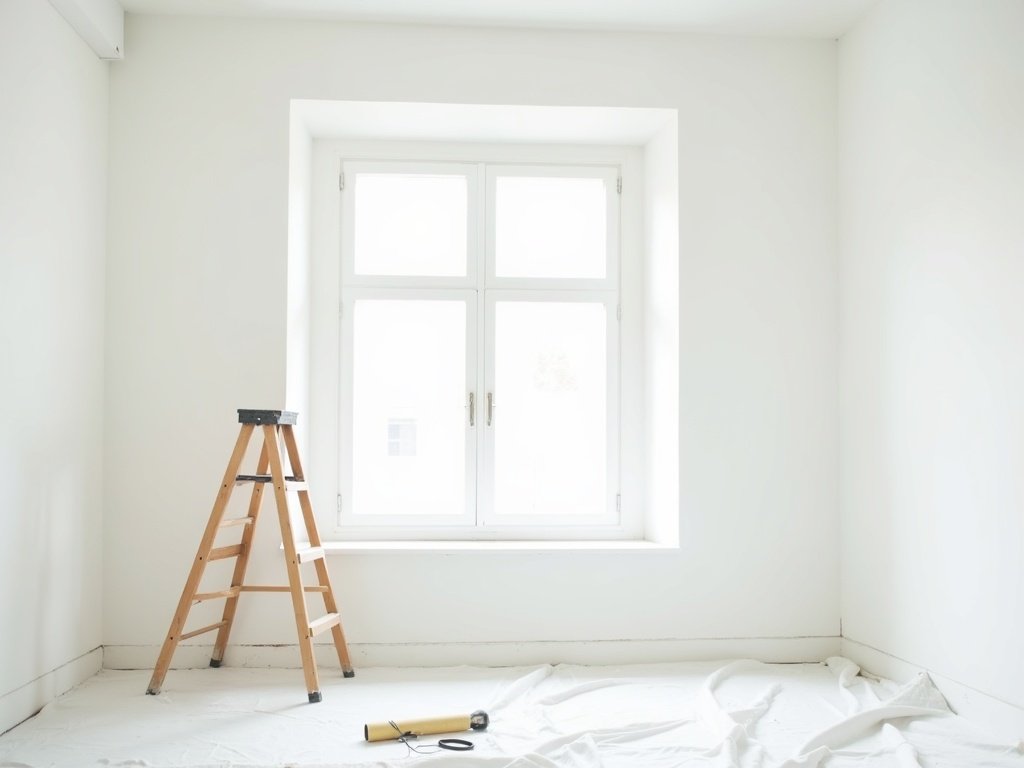Pièce vide fraîchement repeinte en blanc avec escabeau et bâches de protection