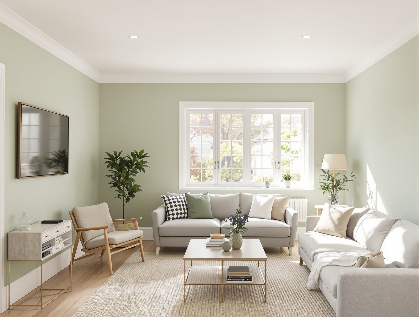 Salon aux murs vert sauge fraîchement peints, arêtes nettes au plafond